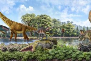 A TALE OF TWO HEMISPHERES: This illustration contrasts the evolution of terrestrial Cretaceous faunas after the Cretaceous Thermal Maximum. Left: Southern Hemisphere (Western Gondwana) with megaraptorid theropods and titanosaurs. Center: Extinction of apex predators like carcharodontosaurids. Right: Northern Hemisphere dominated by tyrannosaurids, hadrosaurs, and ceratopsians in increasingly mesic environments. Credit: Pedro Salas and Sergey Krasovskiy